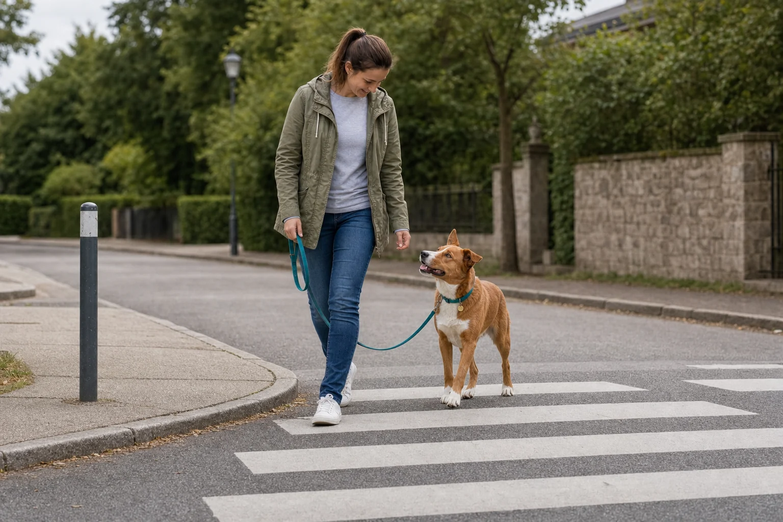 Die Halterin überquert nach der Freigabe mit ihrem braun-weißen Hund aufmerksam einen markierten Übergang