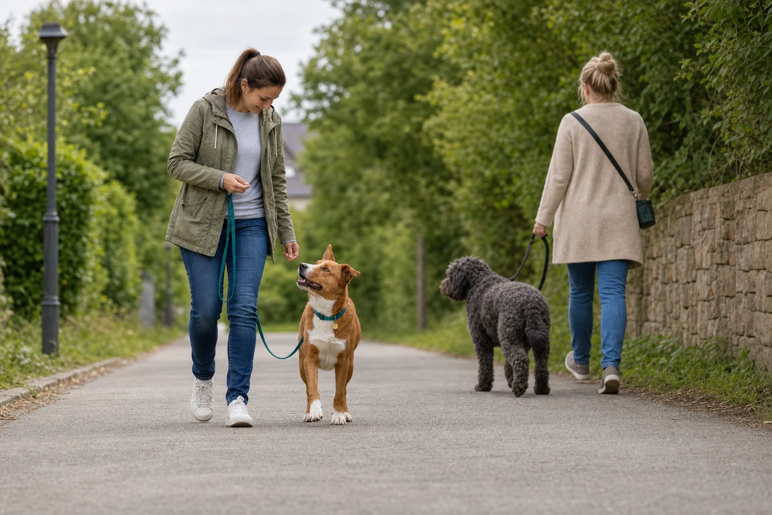 Die Halterin führt ihren braun-weißen Hund in weitem Abstand an einem anderen angeleinten Hund vorbei