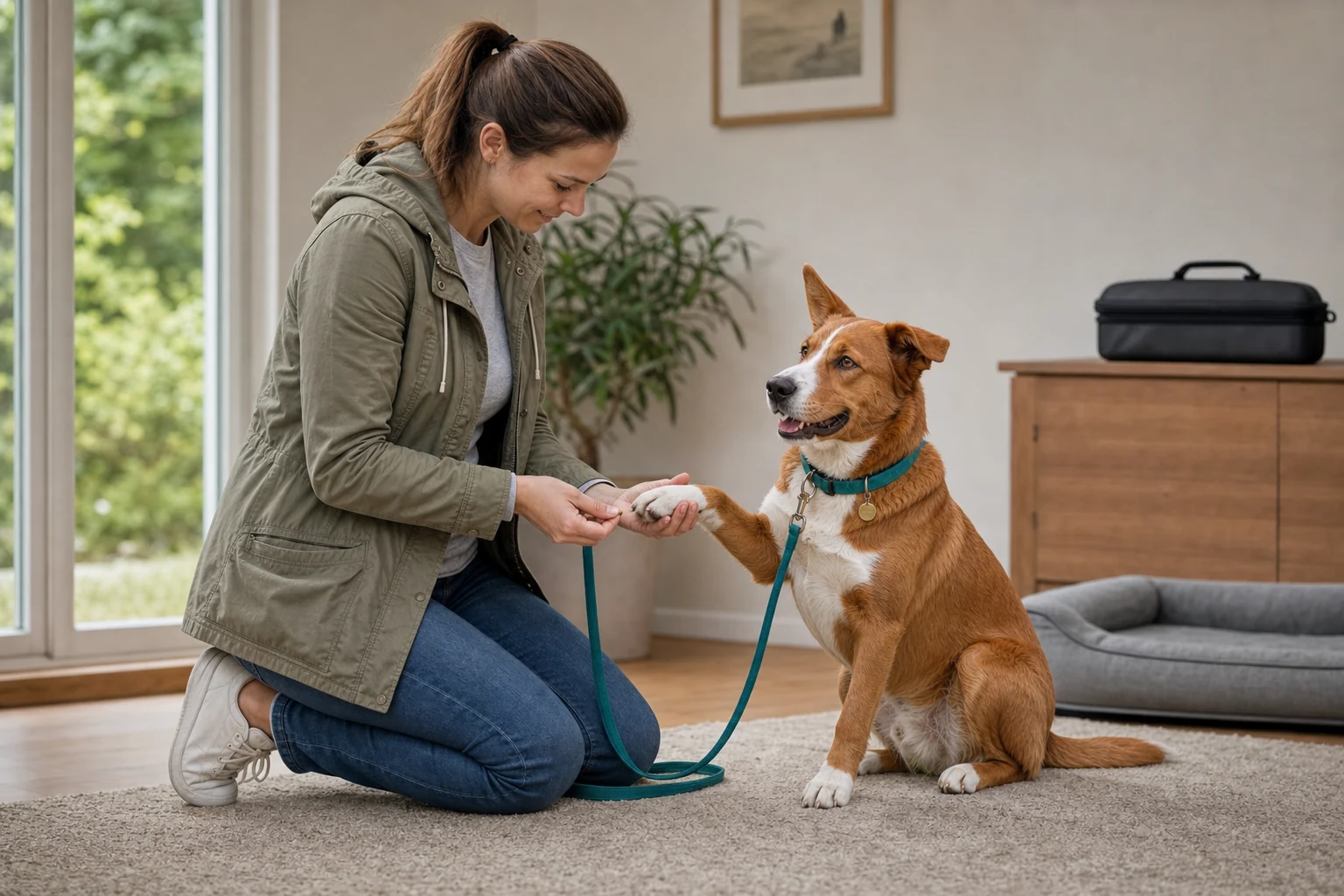 Der braun-weiße Hund legt freiwillig eine Vorderpfote in die offene Hand seiner Halterin