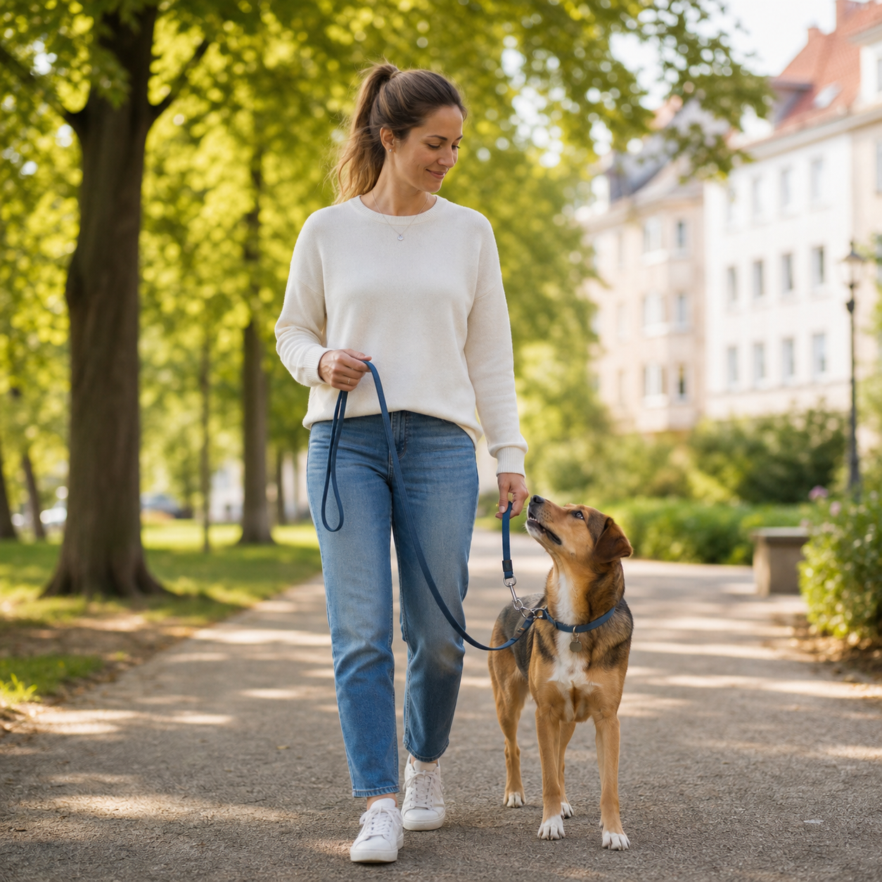 Hundehalterin übt entspanntes Gehen an der Leine mit ihrem Hund