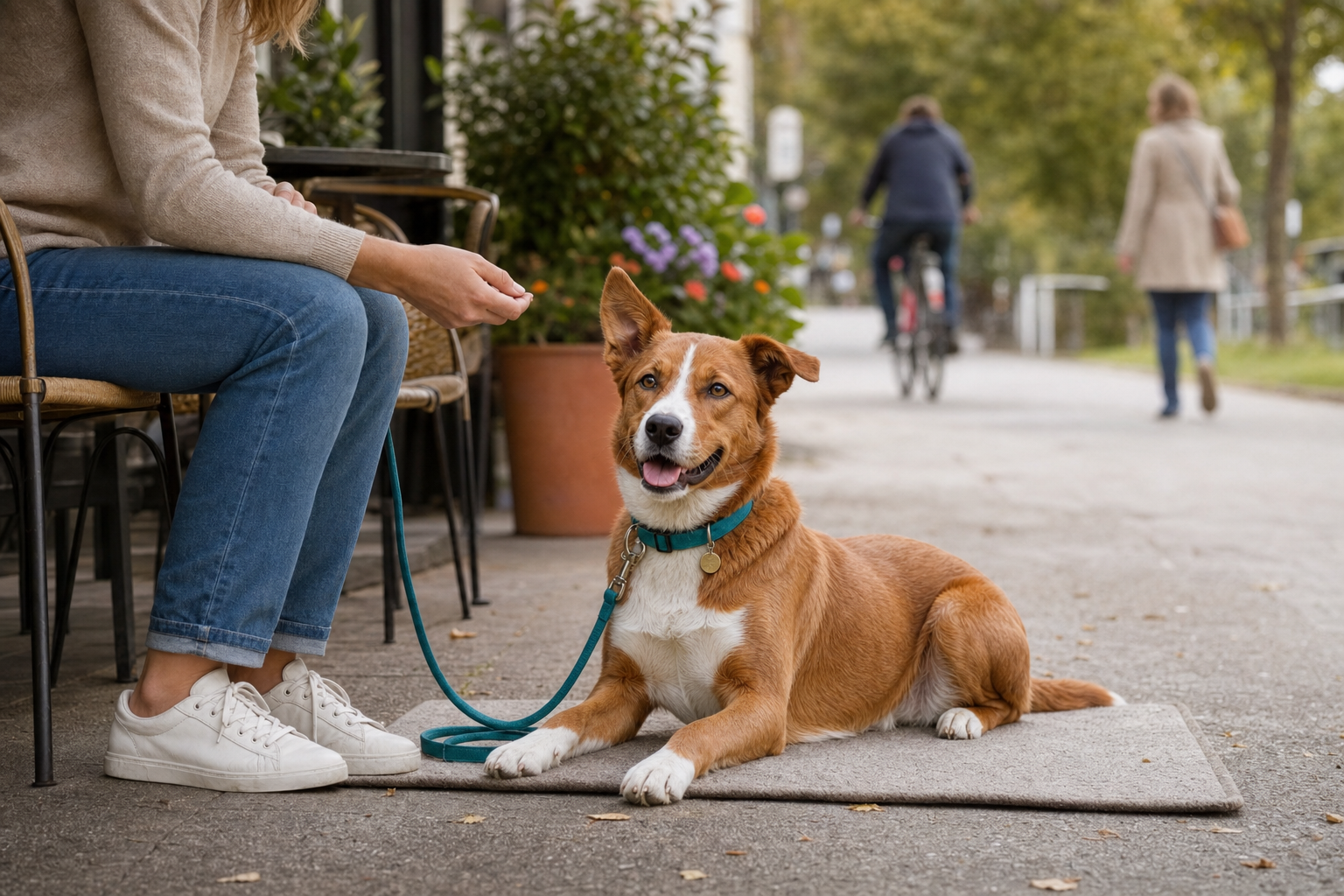 Braun-weißer Hund liegt beim Alltagstraining ruhig neben seiner Halterin, während ein Radfahrer vorbeifährt