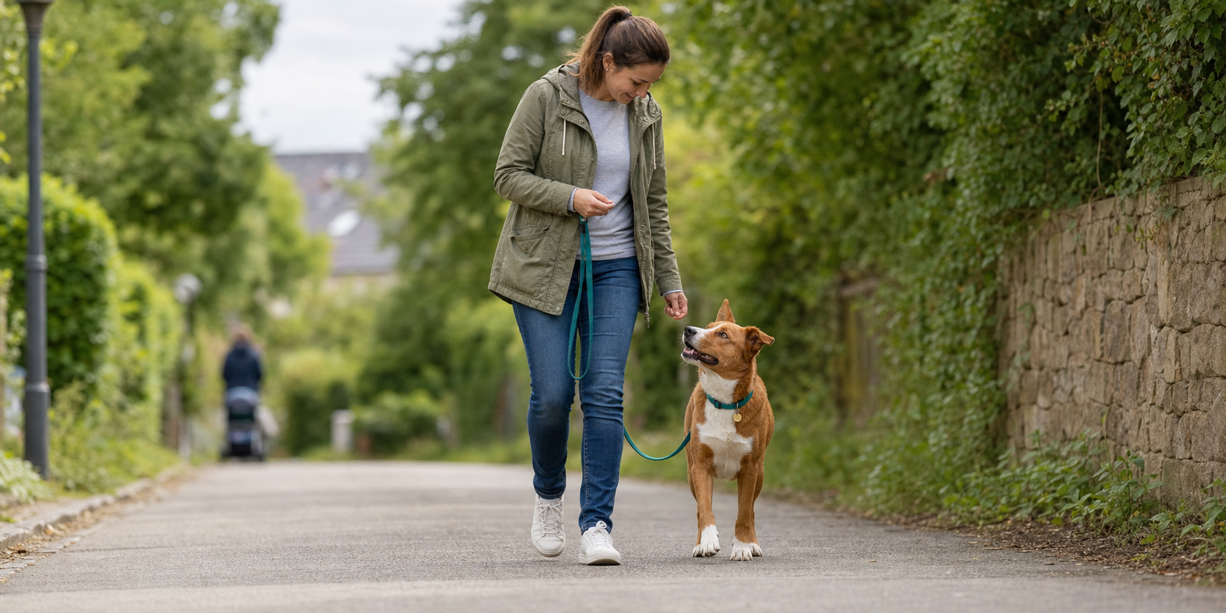 Hundehalterin trainiert mit ihrem braun-weißen Hund das Gehen an lockerer Leine