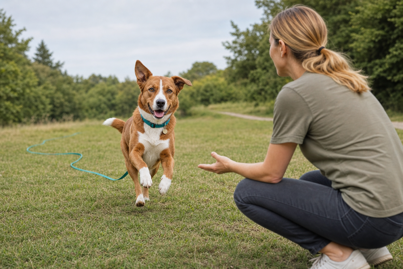 Braun-weißer Hund läuft beim Rückruftraining aufmerksam zu seiner Halterin