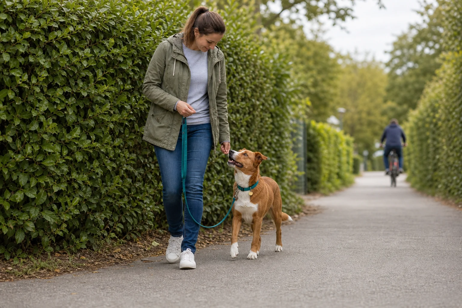 Die Halterin dreht mit ihrem braun-weißen Hund hinter einer Hecke um und gewinnt Abstand zu einem Radfahrer