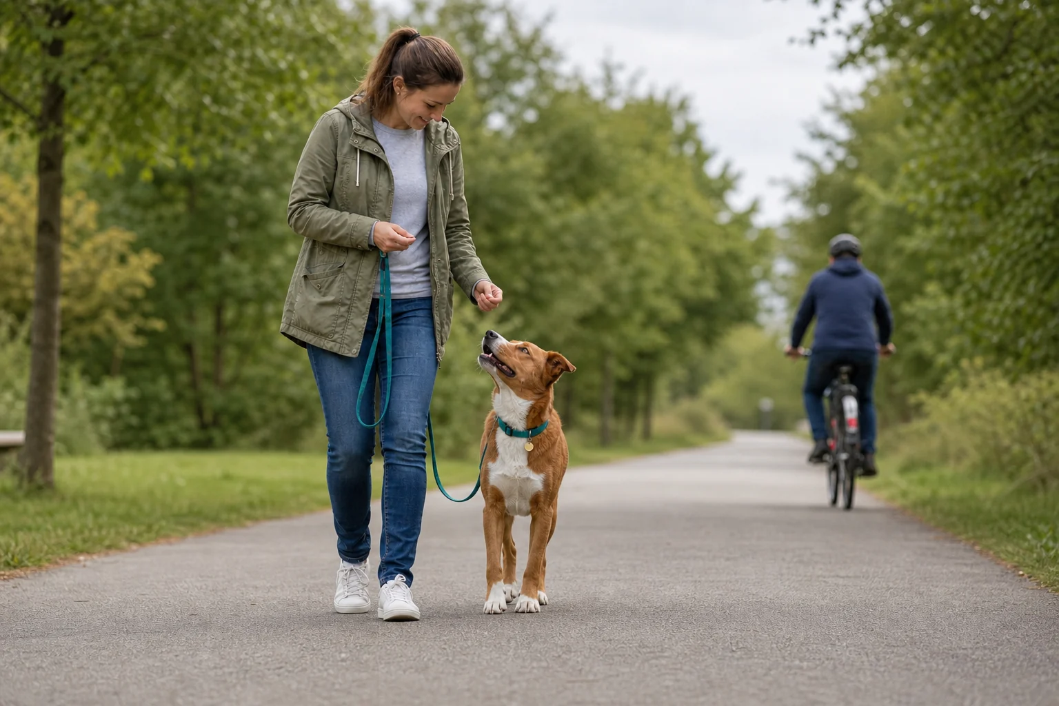 Die Halterin belohnt ihren braun-weißen Hund, während ein Radfahrer mit sicherem Abstand vorbeifährt