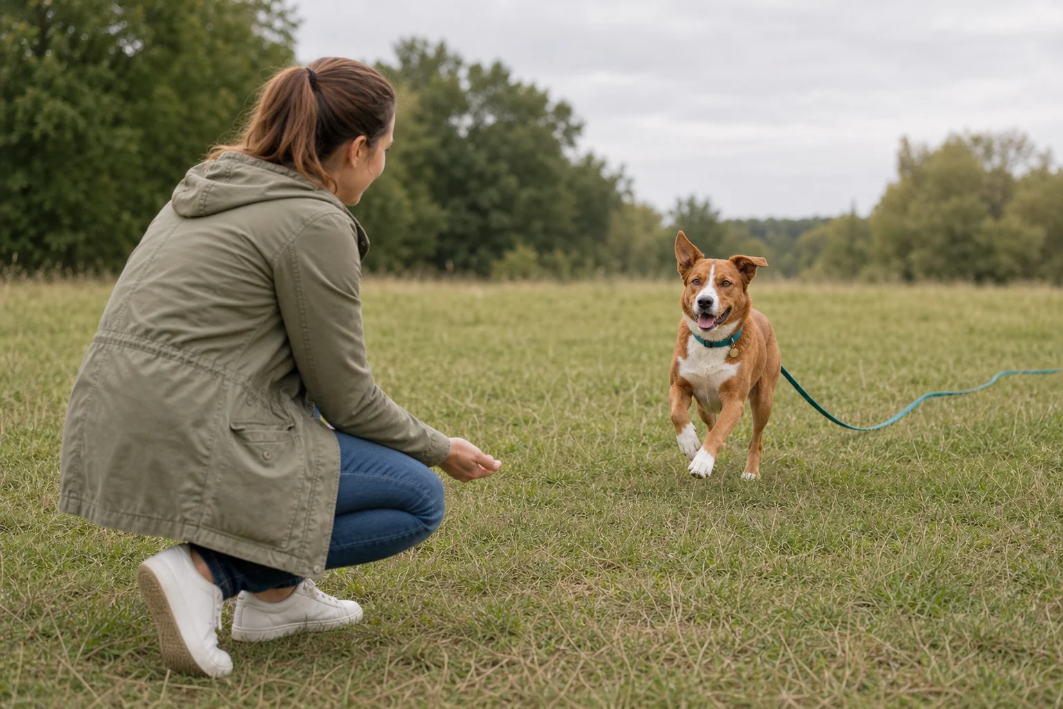 Der braun-weiße Hund läuft an der Schleppleine aufmerksam zu seiner hockenden Halterin