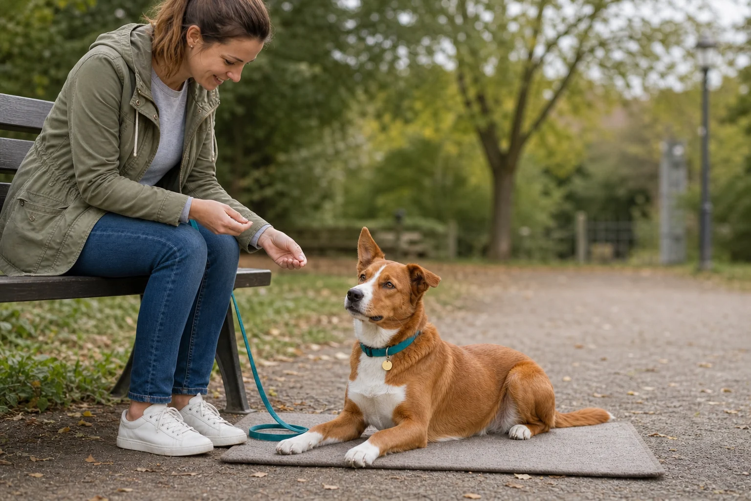 Der braun-weiße Hund wartet entspannt auf einer Matte neben seiner sitzenden Halterin