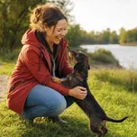 Frau spielt bei einem Spaziergang mit ihrem Dackel