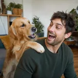 Mann albern zu Hause mit seinem Golden Retriever herum